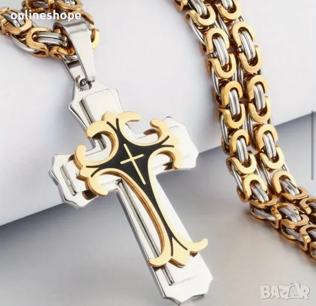 Мъжки синджир с кръст - 18к златно покритие - Неръждаема стомана , снимка 1