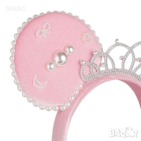 Карнавална диадема, розова, с ушички и корона_1242801, снимка 2 - Шноли, диадеми, ленти - 52707116