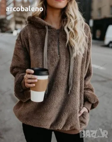 Дамски поларен суичър с качулка и джоб с връзки, 6цвята , снимка 2 - Суичъри - 47508930