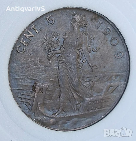 Стара, рядка монета - 5 чентисими 1909г. 
UNC , снимка 1