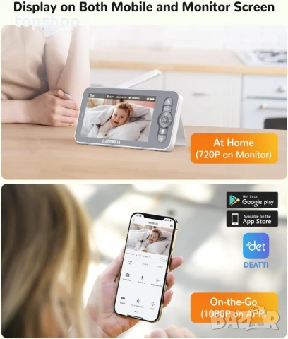 Бебефон DEATTI 200 метра обхват, 5-инчов дисплей, управление чрез приложение PTZ, двупосочно аудио.., снимка 2 - Бебефони - 51004299