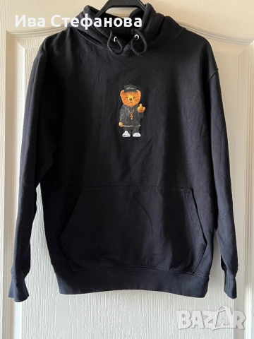 Спортна черна памук памучна  ватирана блуза суичър суитшърт с качулка мече, снимка 2 - Спортни екипи - 51779417