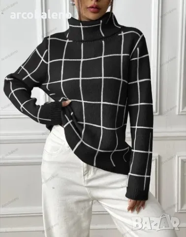 Дамски контрастен кариран пуловер с висока яка, 4цвята , снимка 10 - Блузи с дълъг ръкав и пуловери - 47979369