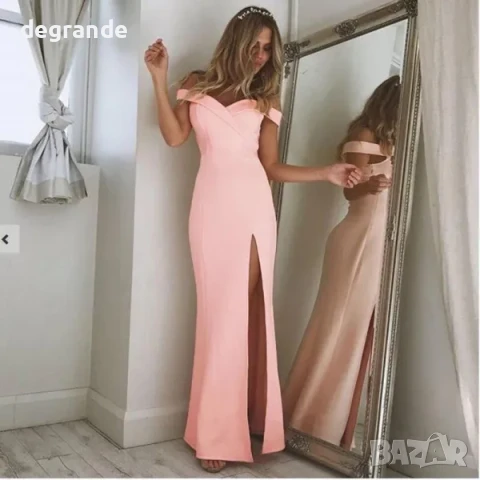 Дълга рокля с отворени рамене и цепка