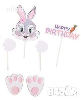 Заек Зайче с морков Happy Birthday сет топери картонени табела декор за торта рожден ден, снимка 3 - Други - 32925393