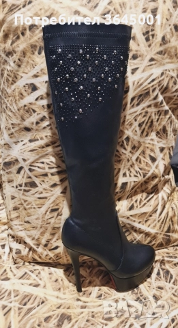 Луксозни дамски ботуши от еластична изкуствена кожа, с висок тънък ток и платформа. N 37, снимка 3 - Дамски ботуши - 52843949