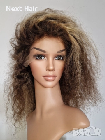 Естествена афро къдрава кафява перука с руси кичури с дантела 13х4, снимка 7 - Аксесоари за коса - 52024595