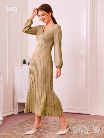 Елегантна миди рокля, Бежова рокля, Дълга рокля, Рокля плисе, снимка 2 - Рокли - 43434089