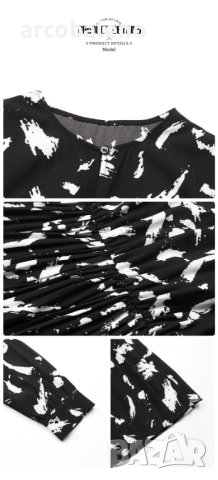 Дамска черна рокля с дълъг ръкав с нов темпераментен принт, снимка 8 - Рокли - 43662545