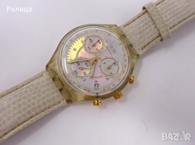 Часовник хронограф Swatch със седефен циферблат 