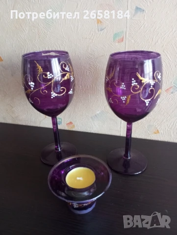 Комплект ръчно рисувани чаши за вино 2 бр.+ свещник, снимка 6 - Декорация за дома - 50592031