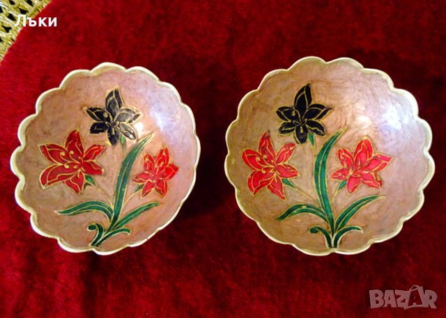 Бронзова купичка,бонбониера с клетъчен емайл,розов., снимка 4 - Антикварни и старинни предмети - 37998609