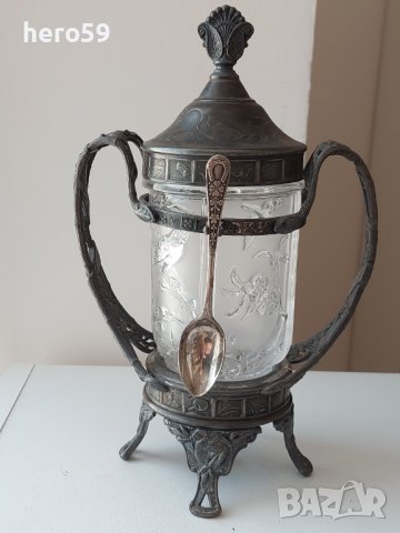Стара антикварна захарница или съд за лед(метал стъкло), снимка 1 - Други ценни предмети - 40820061