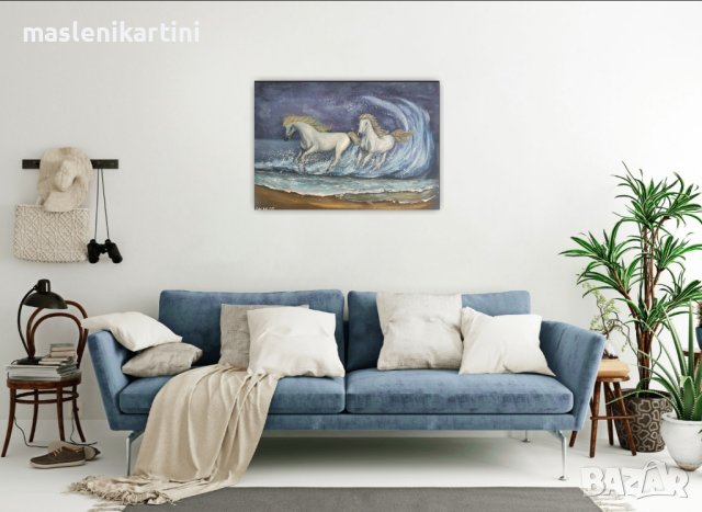 Белите коне и морето маслена картина, снимка 2 - Картини - 37891579