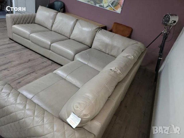 Голям кремав кожен ъглов диван "Mazzini", снимка 2 - Дивани и мека мебел - 43290060