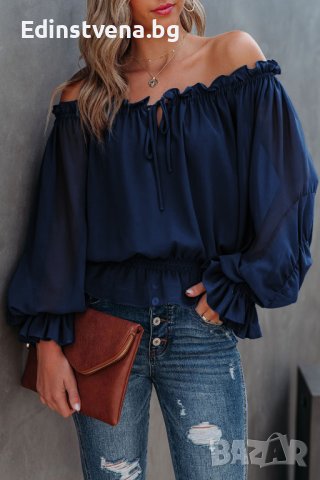 Дамска блуза в тъмносиньо с паднало ластично деколте, снимка 1 - Блузи с дълъг ръкав и пуловери - 43503332