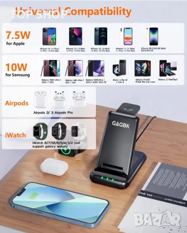 GAGBK Станция за безжично зареждане 3 в 1,съвместимо с iPhone,Apple Watch,Airpods, снимка 6 - Безжични зарядни - 48765179