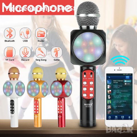 Безжичен bluetooth караоке микрофон с колонка RADIO Microsd selfie usb iphone, снимка 5 - Микрофони - 26254769