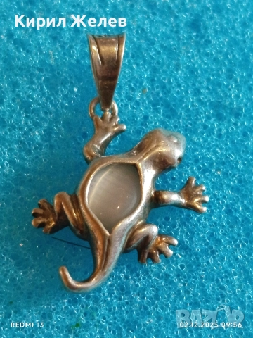 Сребърна висулка гекон с вграден лунен камък майсторска ръчна изработка 49278, снимка 2 - Колиета, медальони, синджири - 52621722