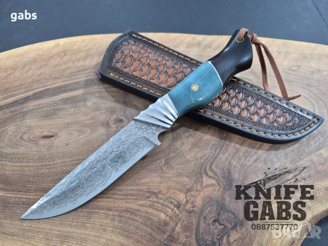 Ловен нож дамаска VG10 стомана,уникална дръжка и кожена кания,LN436