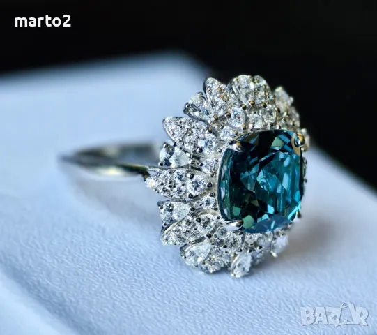 Елегантен Сребърен 925 пръстен с Родиево покритие и Натурален London Blue Топаз и Циркони!, снимка 3 - Пръстени - 42132140