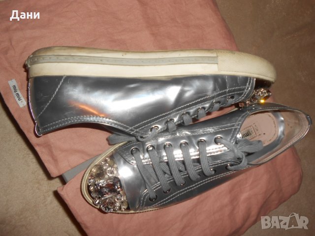 Miu Miu Silver Crystal Swarovski Leather Sneakers, снимка 9 - Дамски ежедневни обувки - 26638146