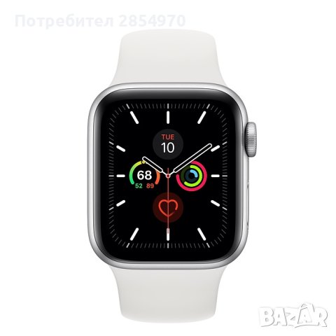 Apple Watch Series 5 GPS, 44mm Silver Aluminium Case with White Sport Band, снимка 1 - Смарт часовници - 43482816