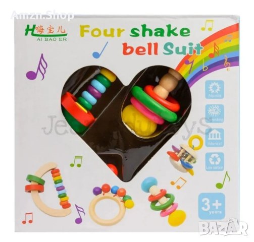 Бебешки дрънкалки , Дървени играчки монтесори 4бр комплект идеален за подарък в красива кутия, снимка 12 - Дрънкалки и чесалки - 43895168