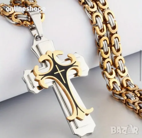 Мъжки синджир с кръст - 18к златно покритие - Неръждаема стомана 