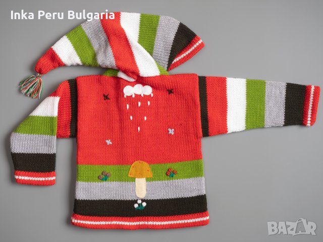Оранжева перуанска детска жилетка с елфска качулка, размери от 0 до 7 години, снимка 2 - Детски пуловери и жилетки - 35531466