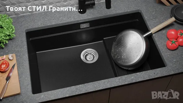 Черна гранитна мивка за монтаж под плот Прага 80 Step Level 560 x 470 мм, снимка 6 - Мивки - 49811764