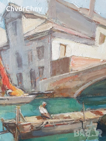 Knut Norman 72х60см/стара голяма шведска картина масло върху фазер/Венеция-мост-лодка/дървена рамка, снимка 3 - Картини - 52075987