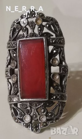 Старинен сребърен пръстен с естествен карнеол, снимка 3 - Пръстени - 39908216