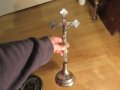 Настолен Стар голям  метален кръст разпятие Исус Христос 32 х 13см - притежавайте това разпятие и не, снимка 1 - Антикварни и старинни предмети - 43169609