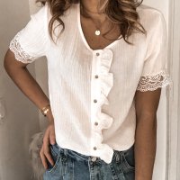 Дамска памучна блуза в бяло с къс ръкав и копчета, снимка 1 - Корсети, бюстиета, топове - 40828479