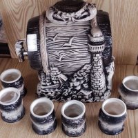 Буре за алкохол от керамика морски декор с метално кранче и 6 чашки, подарък, сувенир, декорация, снимка 1 - Други - 33234832
