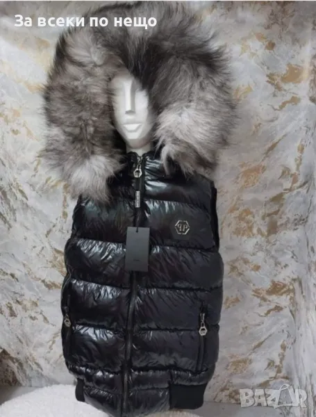 Дамски черен елек с естествен косъм от лисица на качулката Код LFS188, снимка 1