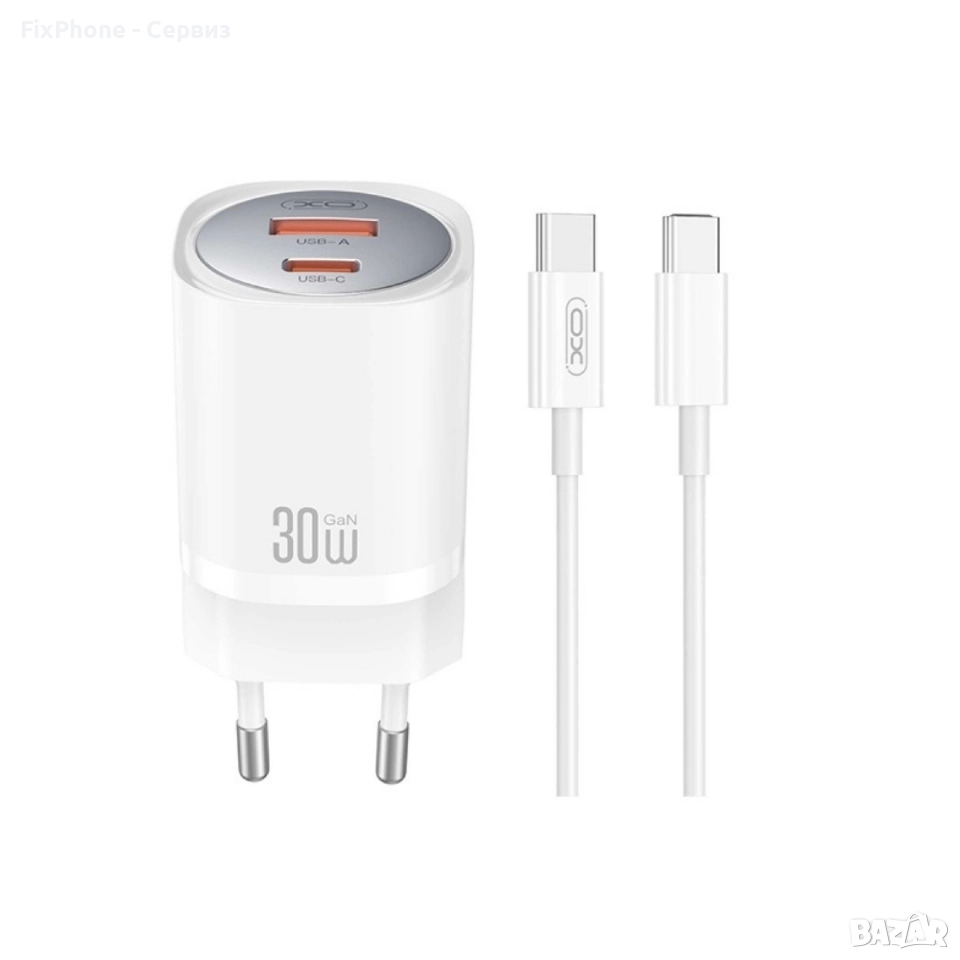 Зарядно устройство комплект XO CE21 PD 30W 1x USB-C 1x USB + USB-C - USB-C кабел, Бяло , снимка 1