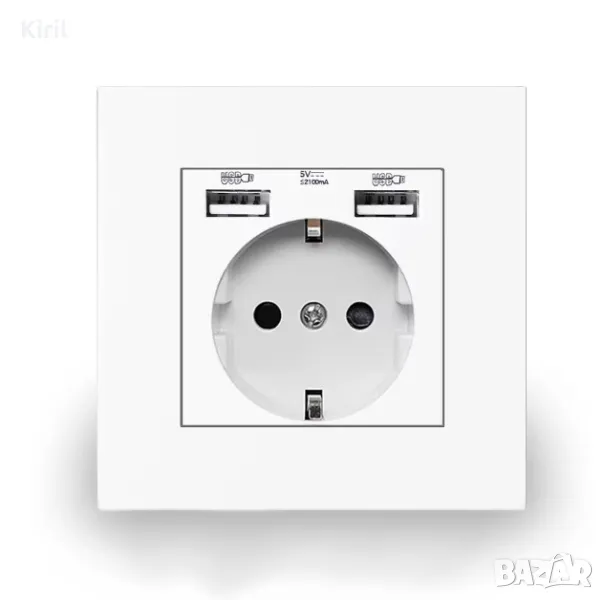 Електрически контакт за вграждане с 2 USB порта, 5V 2.1A , 86mm*86mm 16A с двоен USB порт, IOS Andro, снимка 1