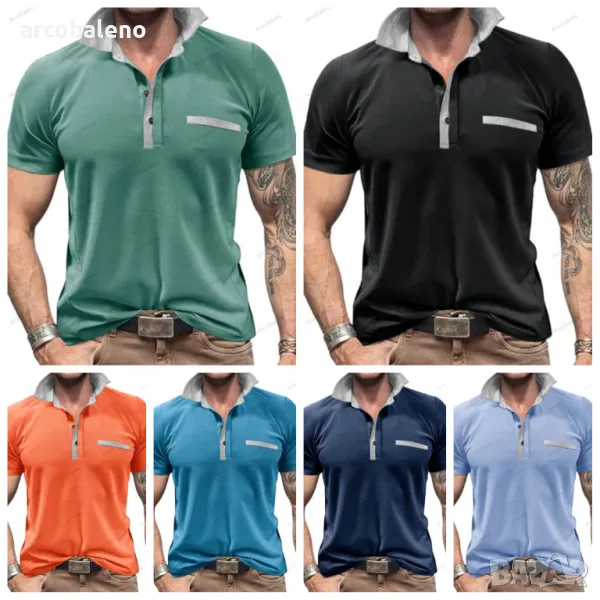 Ежедневна мъжка поло риза с къс ръкав с цветни блокчета и ревери, 6цвята , снимка 1