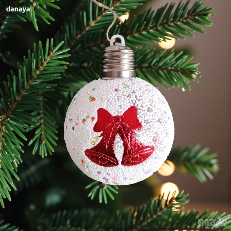 6202 Светеща коледна топка за елха с декорация панделка и снежинка, 8 см, снимка 1