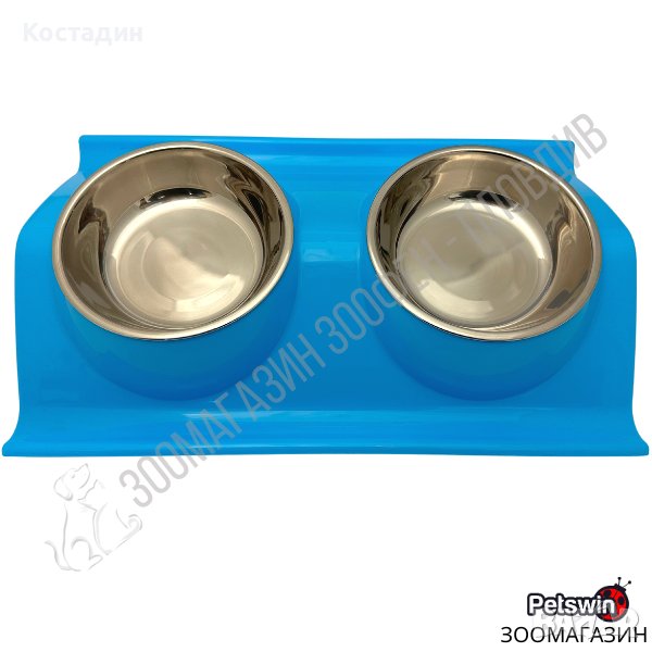Двойна Купа с Поставка - и Две Купи Инокс - за Куче/Коте - 2x200ML - 38см/24.5см/5.5см - Синя, снимка 1