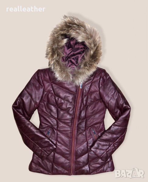 Дамско яке от естествена кожа с качулка и яка от естествен косъм в бордо, снимка 1