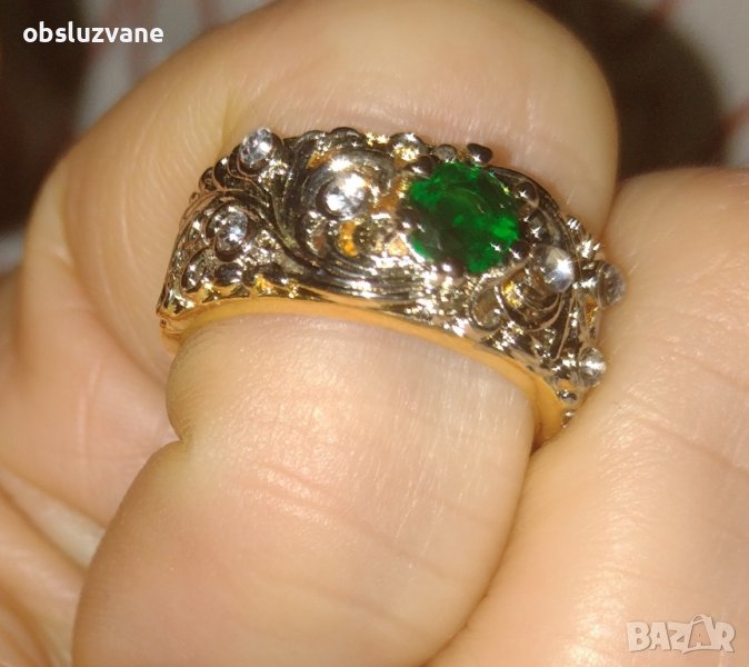 Пръстен Двуцветен Филигран с изумруд, снимка 1
