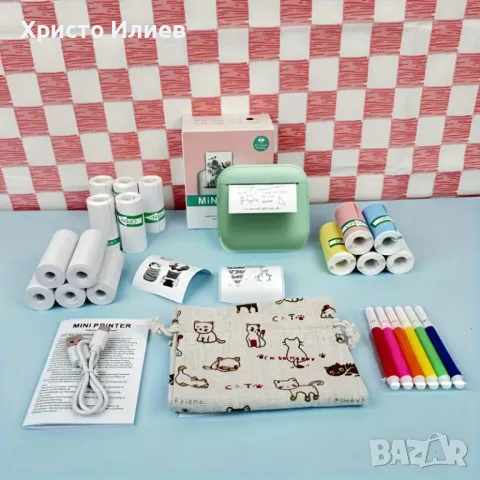 Термо принтер мини принтер за смартфон с 15 ролки хартия торбичка фулмастри - Бял Зелен Лилав, снимка 4 - Други - 50004428