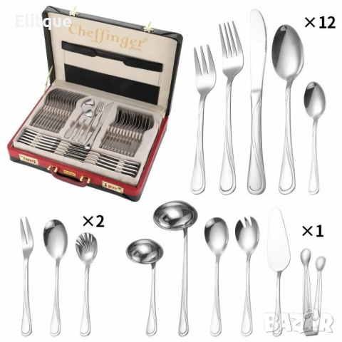 Луксозен комплект прибори Cheffinger – 72 части със сребърно/златно покритие и куфар за съхранение, снимка 12 - Други - 53240813