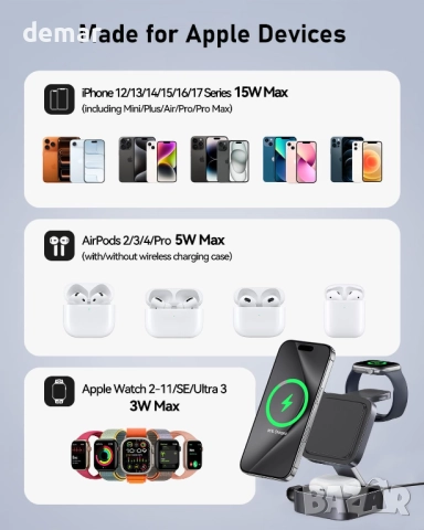 Keepro 3 в 1 безжична зарядна станция за iPhone, магнитна, преносима, MagSafe, снимка 5 - Безжични зарядни - 52846877