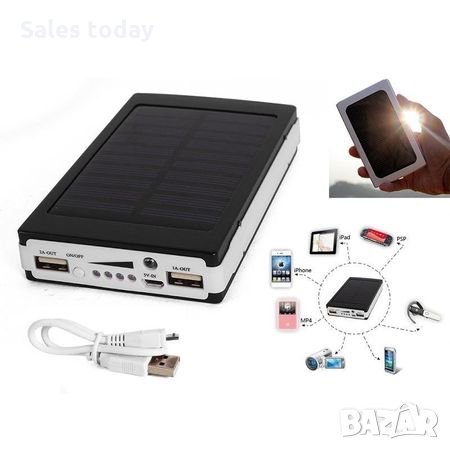 Външна батерия Power Bank 50000 mAh Solar с 2 USB порта, светодиоден фенер,водоустойчива черна , снимка 1