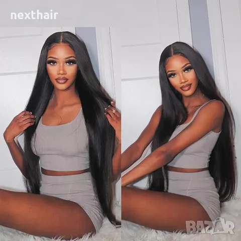 80 см Дълга черна копринено права синтетична перука с дантела 13*6 лейс фронт LACE FRONT, снимка 4 - Аксесоари за коса - 50050143