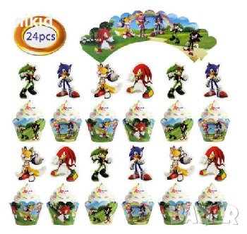 Соник Sonic 12 бр топери и кошнички украса декорация за мъфини кексчета торта парти, снимка 1 - Други - 30054896